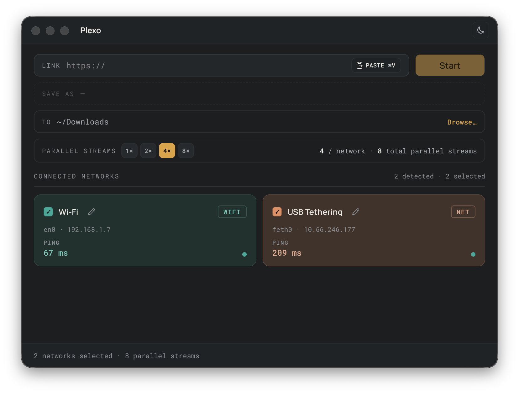 Plexo's link picker showing Wi-Fi and USB Tethering selected, with ping and parallel stream controls.